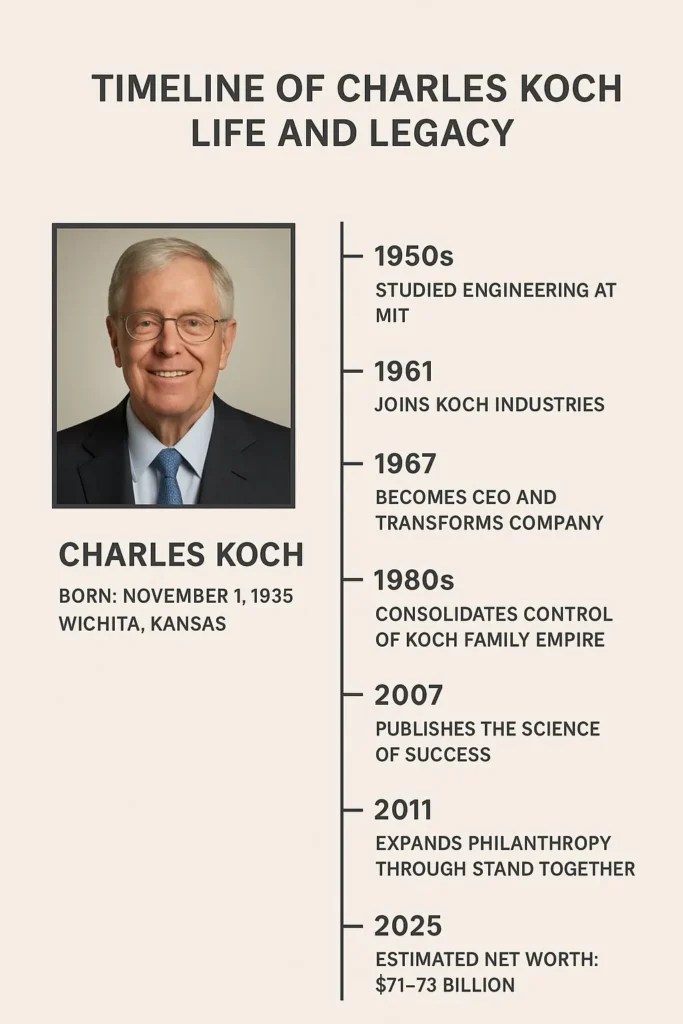 Infographic timeline showing Charles Koch and family milestones from 1935 to 2025 including Koch Industries’ growth, Market Based Management philosophy, philanthropy, and 2025 net worth of $72 billion.