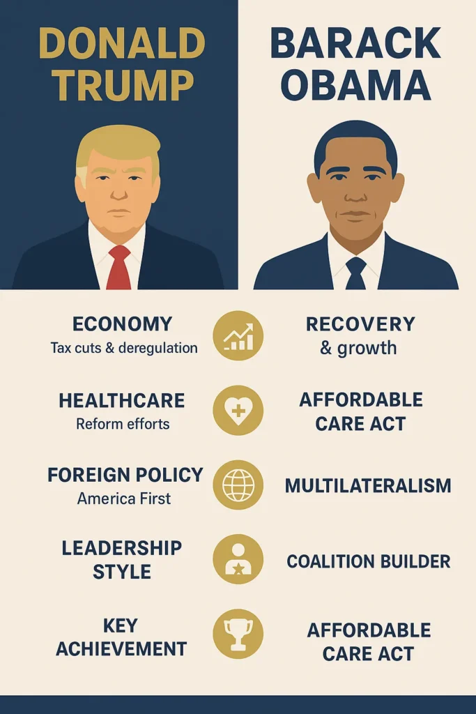 “Flat-design infographic comparing Donald Trump and Barack Obama side by side, showing illustrated portraits and key differences in economy, healthcare, foreign policy, leadership style, and achievements with icons.”