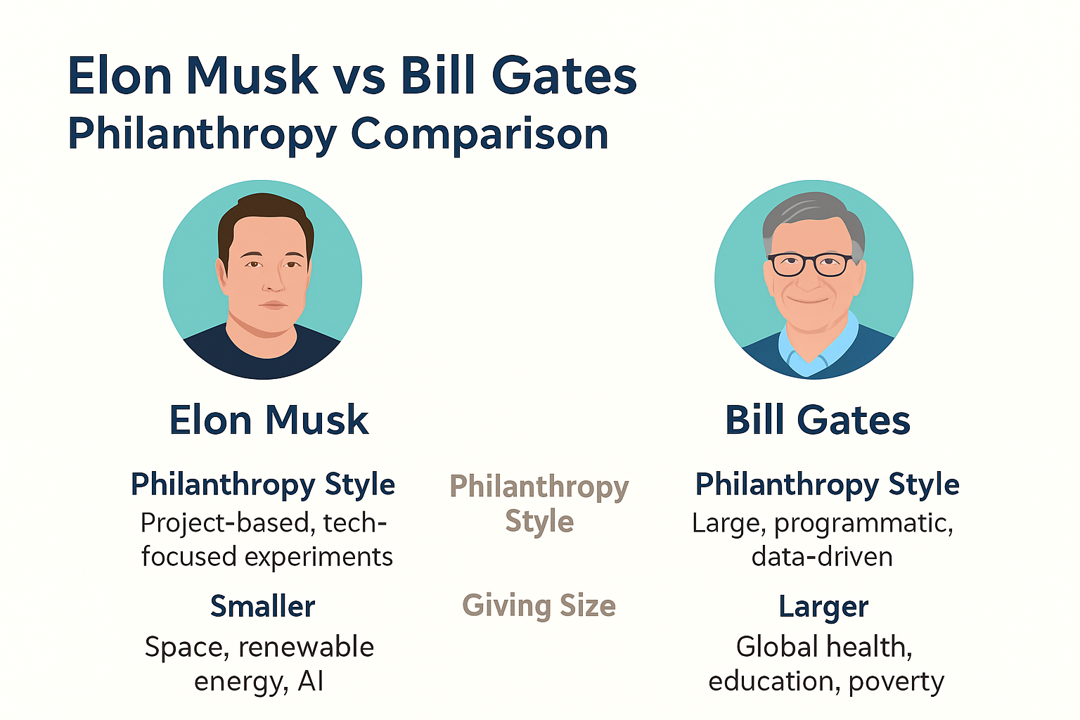 Infographic comparing Elon Musk and Bill Gates in 2025 — showing differences in wealth, companies, philanthropy models, AI perspectives, and leadership approaches.
