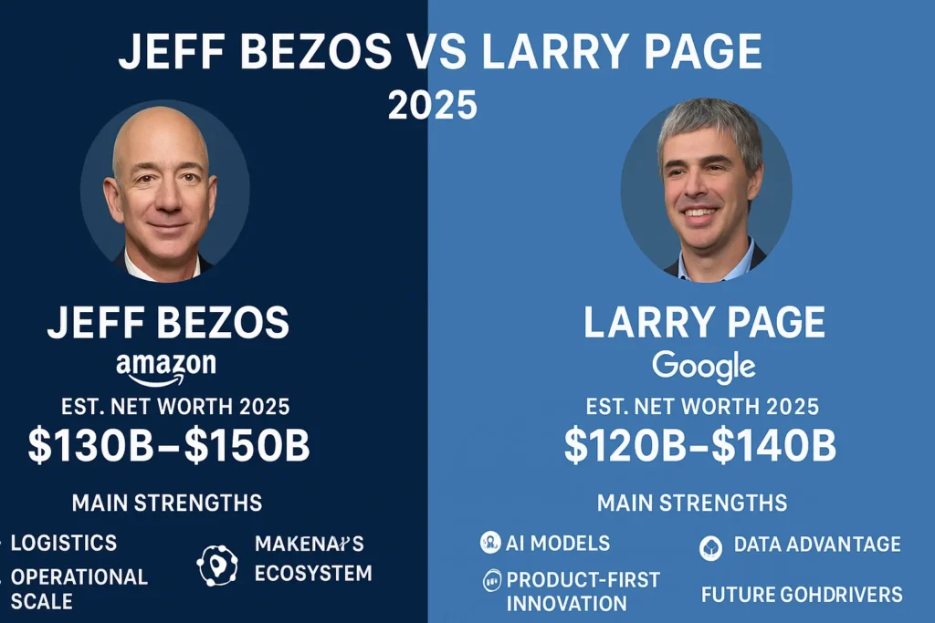 “Infographic comparing Jeff Bezos and Larry Page in 2025, showing Bezos’ Amazon, AWS, and Blue Origin strengths against Page’s Google, Alphabet, and AI/Gemini strengths, including 2025 net-worth ranges, bullet-point strengths, and investor takeaways.”