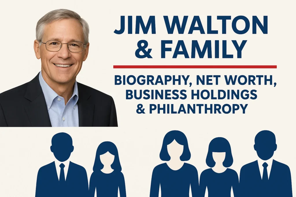 Infographic featuring Jim Walton and his family, highlighting “Biography, Net Worth, Business Holdings & Philanthropy” with Jim Walton’s portrait above a row of stylized family silhouettes on a clean cream background.