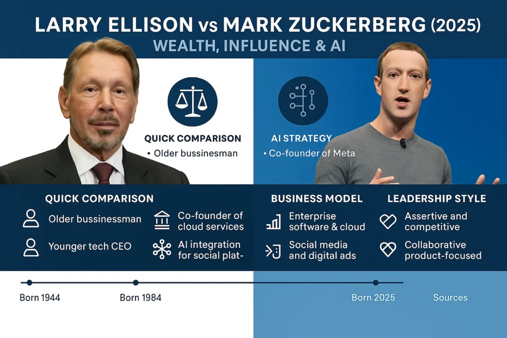 “Infographic comparing Larry Ellison and Mark Zuckerberg in 2025, highlighting net worth, AI strategies, business models, leadership, philanthropy, and major milestones.”