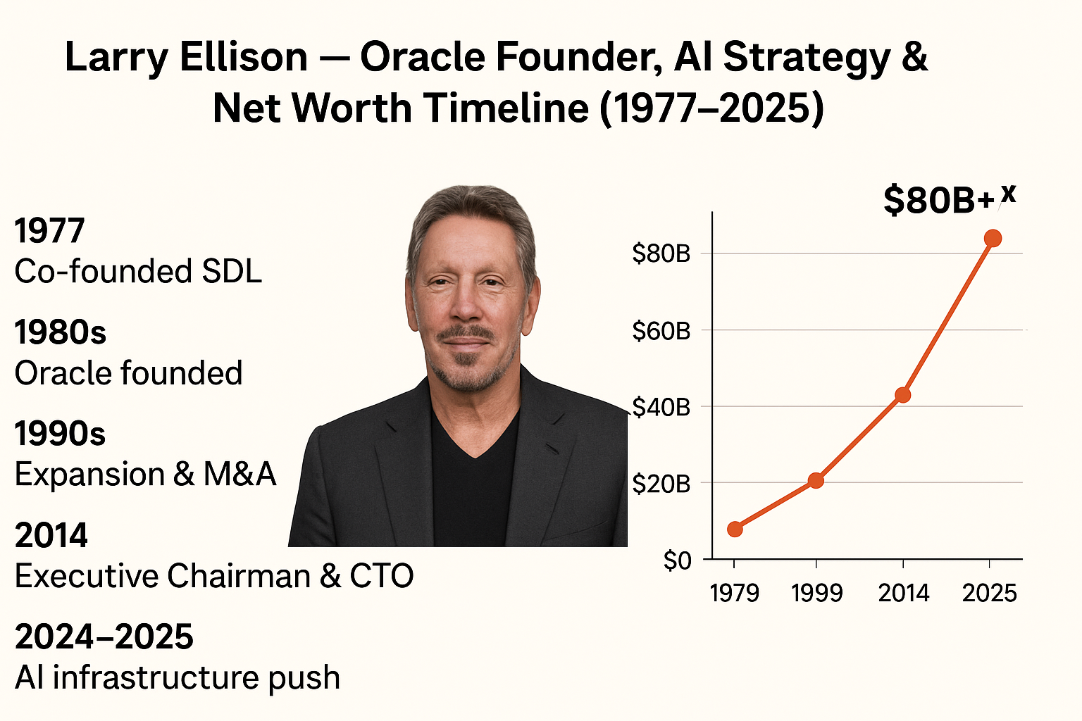 Infographic timeline illustrating Larry Ellison’s journey from founding Oracle in 1977 to leading its AI and cloud transformation by 2025, highlighting major milestones in technology, innovation, and net worth growth.