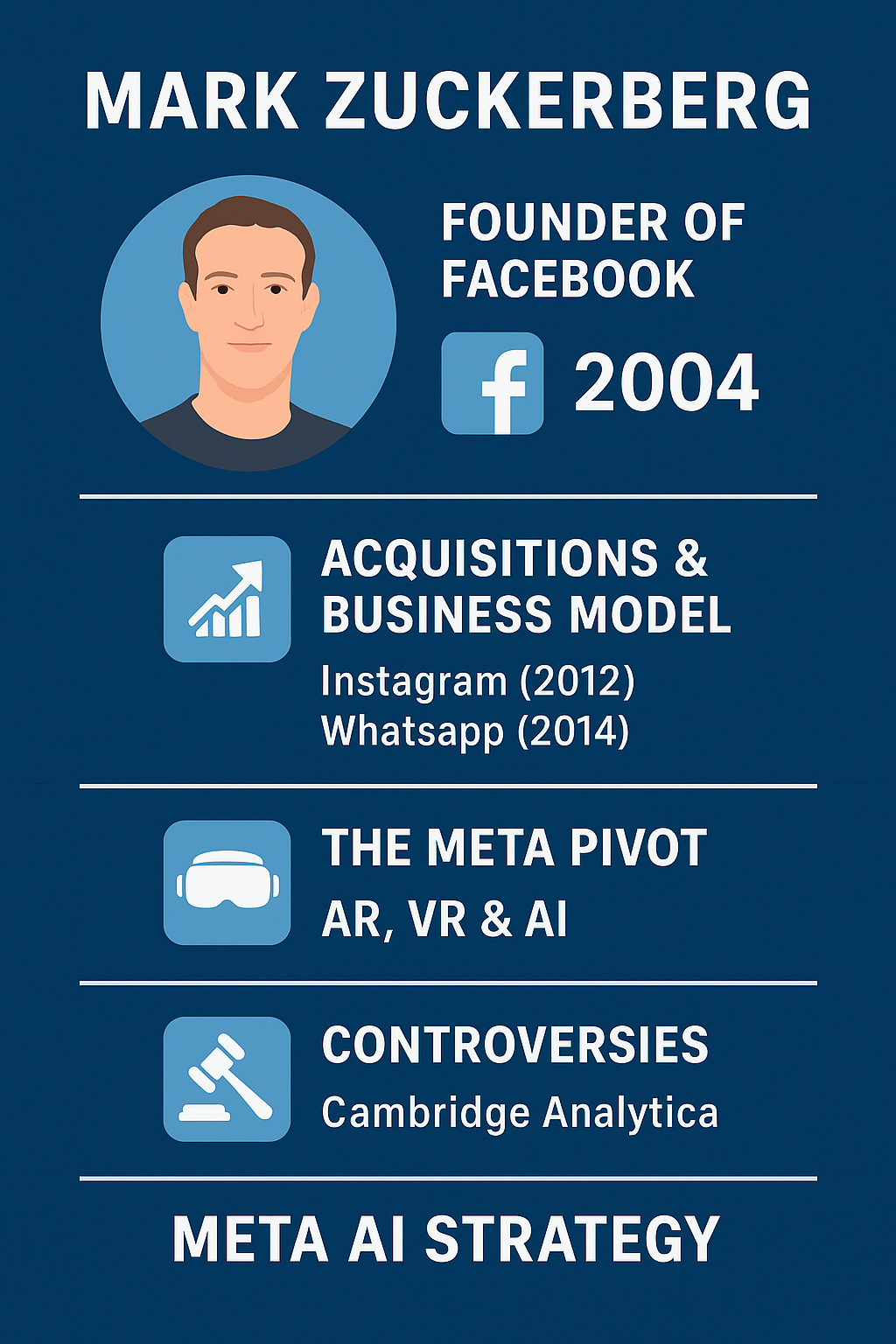 Infographic highlighting Mark Zuckerberg’s journey as the founder of Facebook, key acquisitions like Instagram and WhatsApp, Meta’s pivot to AR, VR, and AI, major controversies such as Cambridge Analytica, and the company’s current AI strategy.
