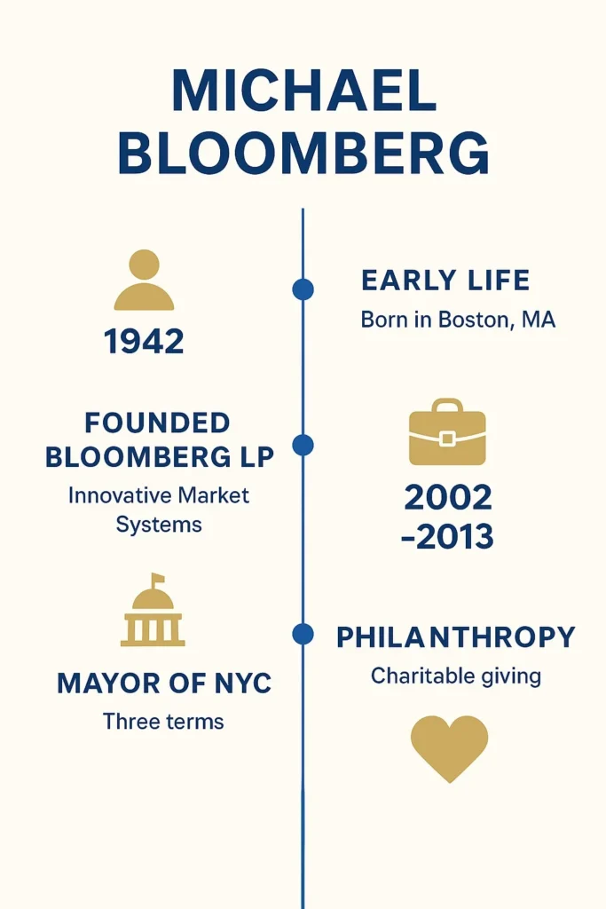 Infographic showing Bill Gates’ biography, net worth, and philanthropy in 2025 including his birth details, Microsoft role, Gates Foundation impact, and major global investments.