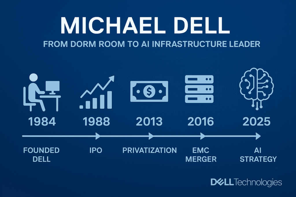 Infographic of Michael Dell’s journey from dorm room innovator to AI infrastructure leader  highlighting Dell Technologies’ milestones, EMC acquisition, and AI-driven growth in 2025.