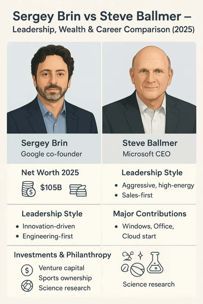 Infographic comparing Sergey Brin and Steve Ballmer in 2025, featuring side-by-side illustrated portraits with labelled sections showing their roles, net worth, leadership styles, major contributions, and investments/philanthropy.