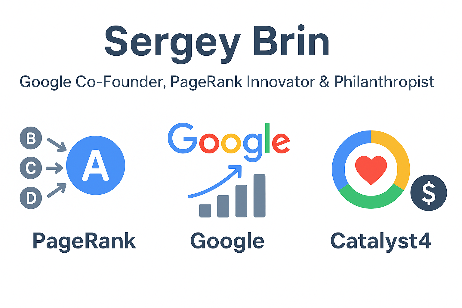 Infographic illustrating Sergey Brin’s legacy, highlighting the PageRank algorithm, Gogle’s growth, and his philanthropy through Catalyst4 with colourful icons and charts.