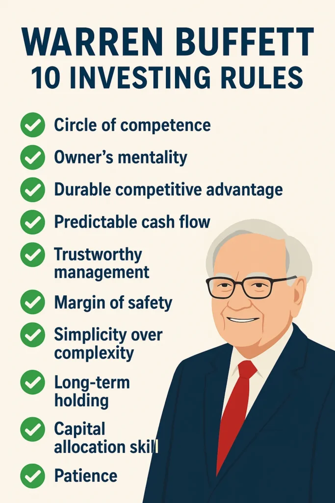 Infographic titled “Warren Buffett’s 10 Investing Rules” featuring a portrait of Warren Buffett and a checklist of his core investment principles including patience, margin of safety, and long-term holding.