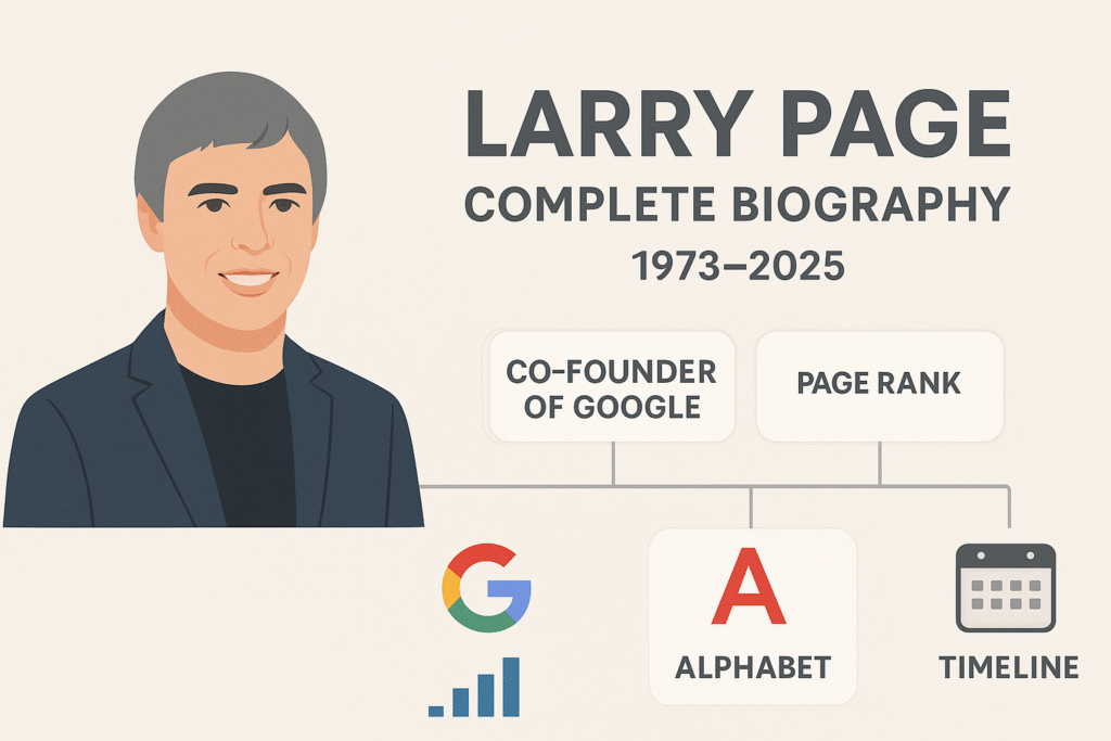 Infographic of Larry Page’s complete biography (1973–2025), featuring his illustrated portrait beside key highlights such as “Co-founder of Google,” “PageRank,” “Alphabet,” and a timeline chart on a beige background.
