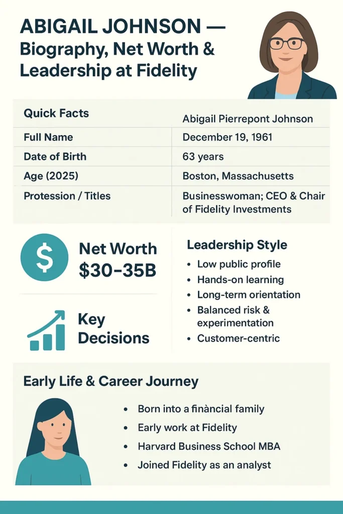 Infographic showing Abigail Johnson’s biography, net worth ($30–35 billion), leadership style, and career milestones as CEO and Chair of Fidelity Investments, in a modern teal and navy design.
