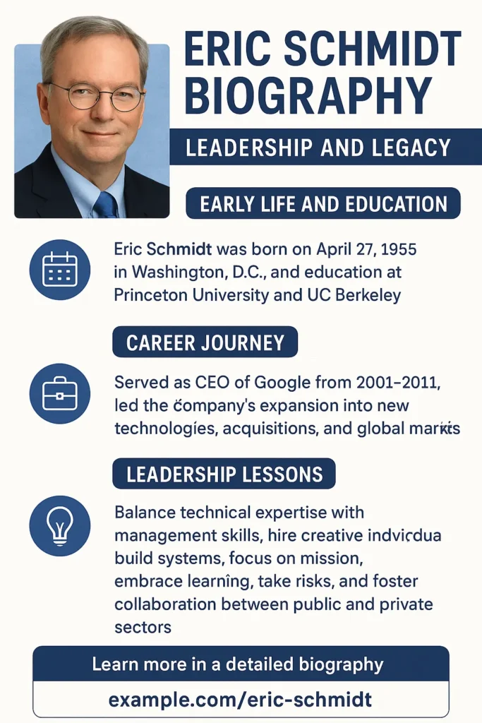 Infographic summarizing Eric Schmidt’s biography  highlighting his early education at Princeton and UC Berkeley, his tenure as Google CEO from 2001–2011, and his leadership principles focused on innovation, collaboration, and strategic growth.