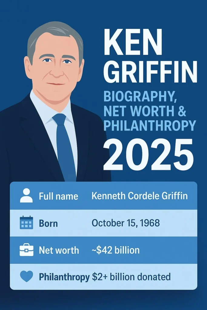 Infographic illustrating Ken Griffin’s biography, net worth, and philanthropy in 2025  covering his early life, founding of Citadel and Citadel Securities, and multibillion-dollar philanthropic initiatives.