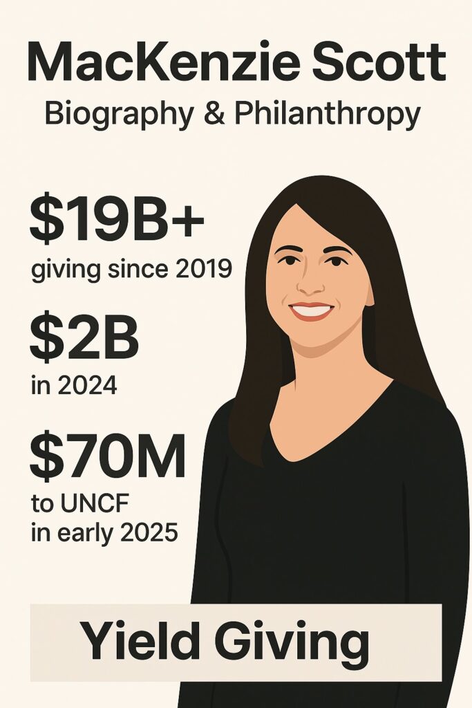 Infographic highlighting MacKenzie Scott’s philanthropy milestones $19B+ in total giving since 2019, $2B donated in 2024, and a $70M contribution to UNCF in early 2025 under her Yield Giving initiative.