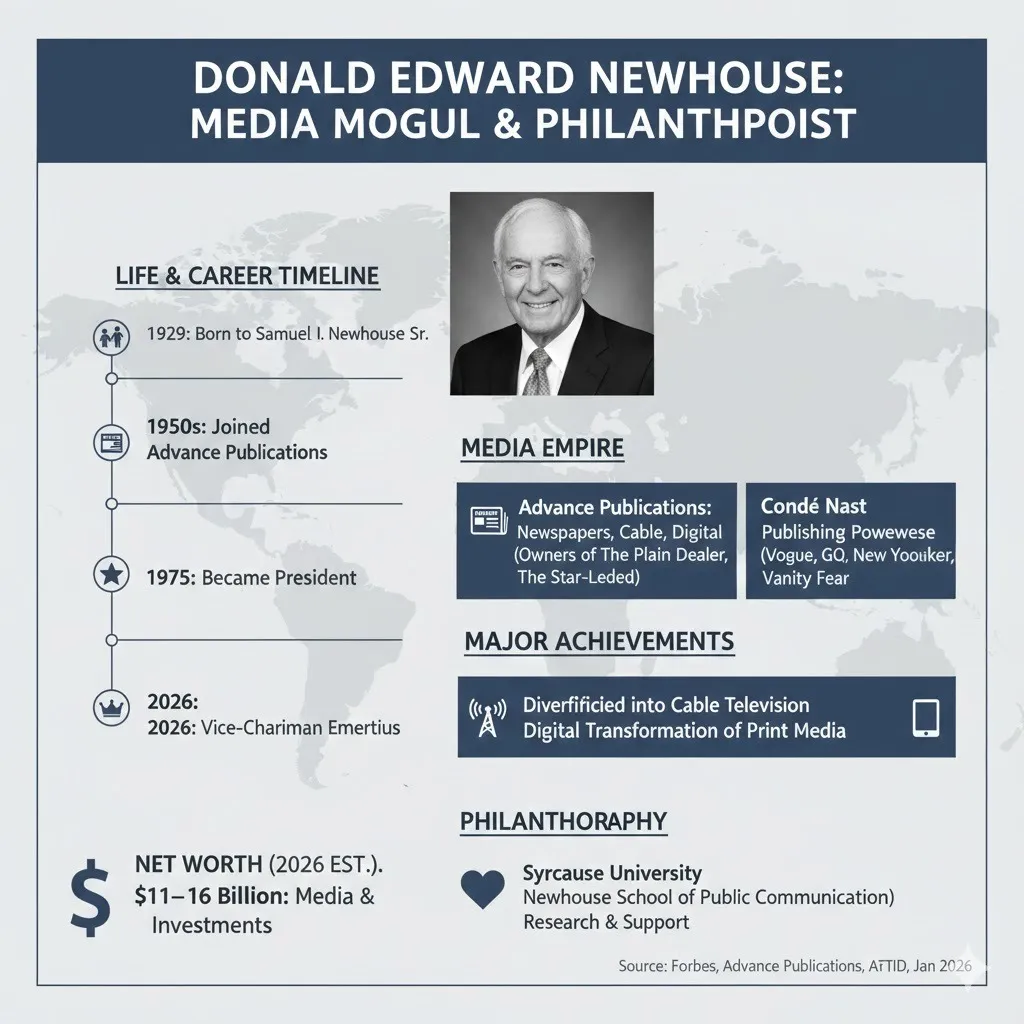 “Infographic showing Donald Newhouse’s biography, business empire, net worth, and major philanthropic milestones  Advance Publications, Condé Nast, Syracuse University, and AFTD.”