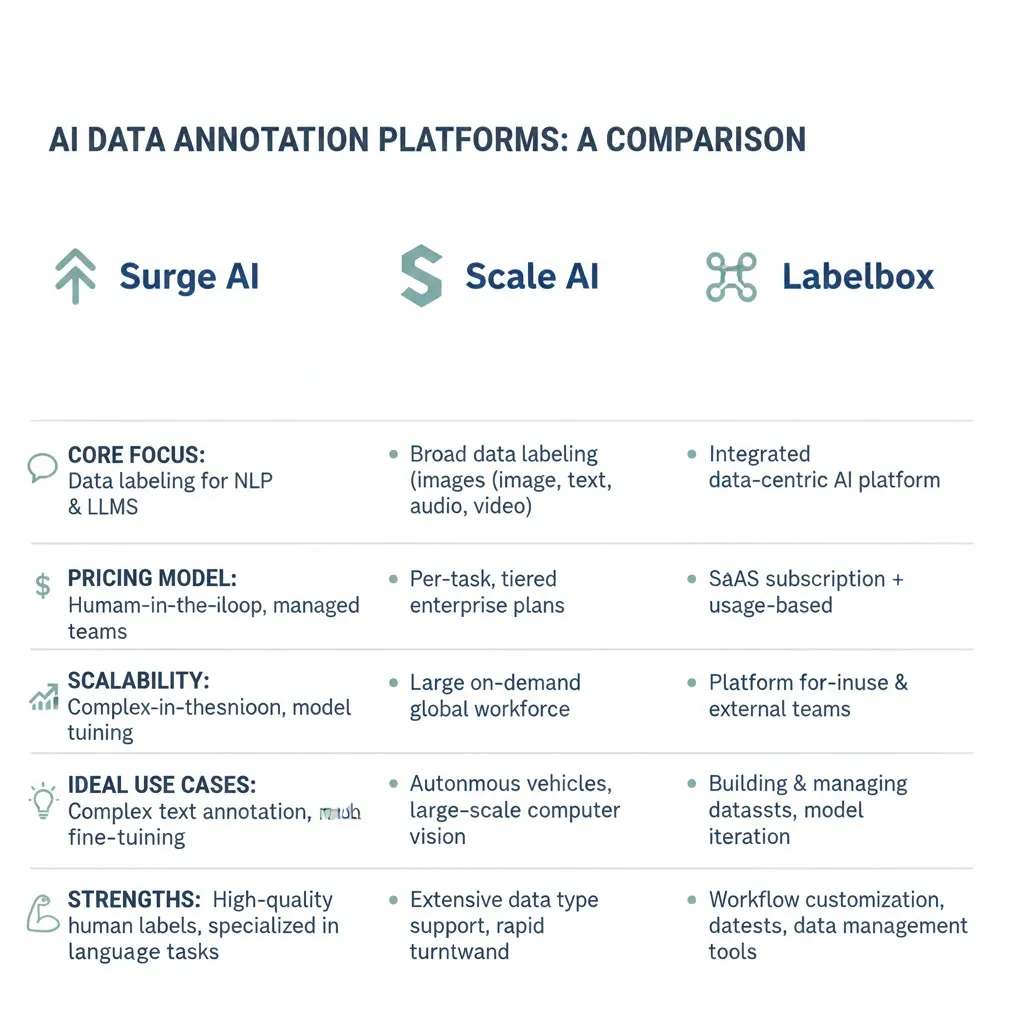 “Infographic comparison of Surge AI vs. Scale AI vs. Labelbox showing differences in focus, pricing, scalability, and target clients for AI data labeling services.”