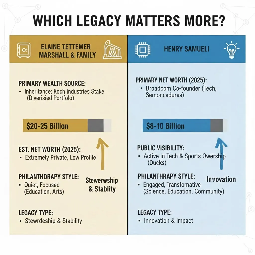 "Infographic comparing Elaine Tettemer Marshall & family and Henry Samueli, showing 2026 net worth, wealth sources, public visibility, philanthropy style, and legacy type."