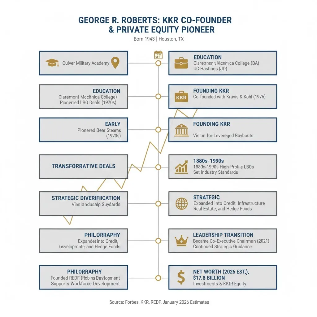 Infographic timeline of George R. Roberts, KKR co-founder, showing his career milestones, 2026 net worth of $17.1 billion, philanthropy through REDF, and leadership legacy in private equity.