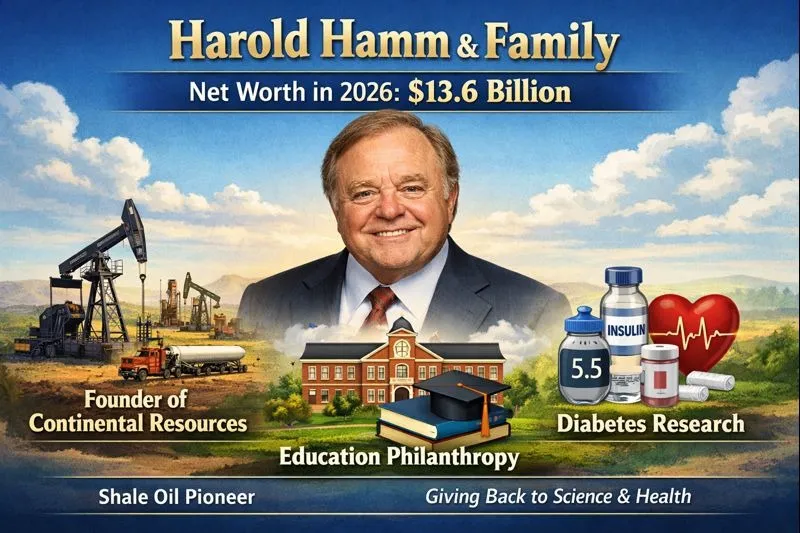 “Infographic illustrating Harold Hamm’s biography, career, family, divorce settlement, net worth, philanthropy, and heirs in 2026.”