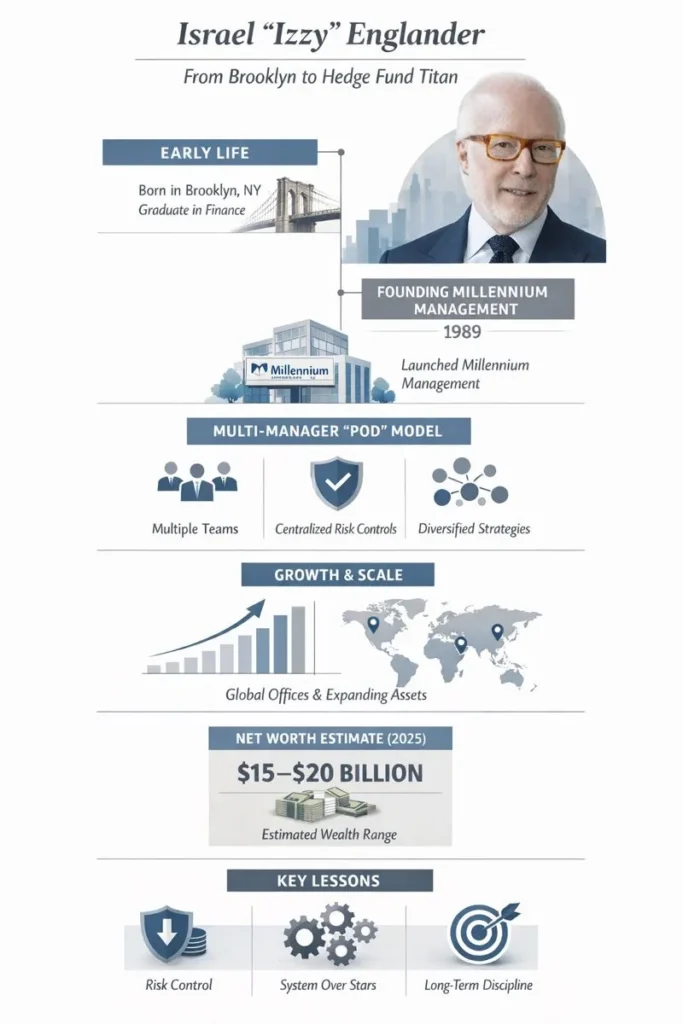 Infographic of Israel “Izzy” Englander highlighting his journey from Brooklyn to hedge fund titan and founder of Millennium Management, with growth chart visuals on a blue background.