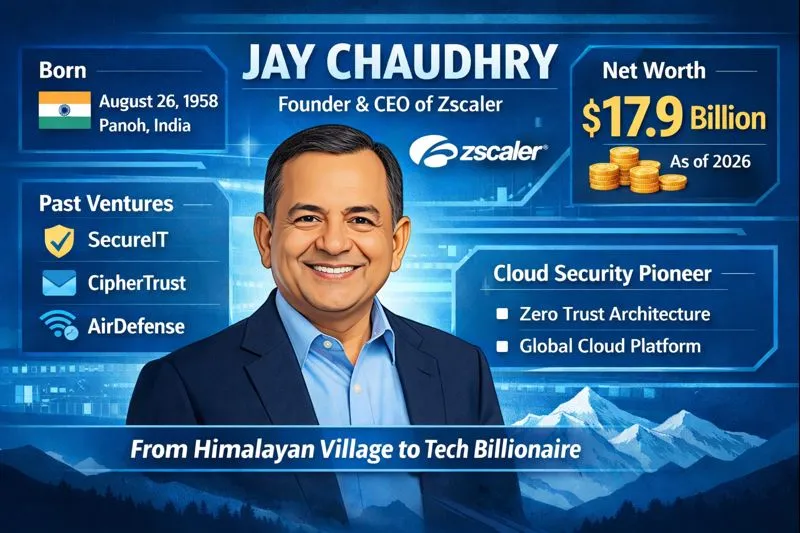 “Infographic of Jay Chaudhry – Indian-American billionaire, Founder & CEO of Zscaler, showing his birthdate, net worth, and company details on a modern blue background.”
