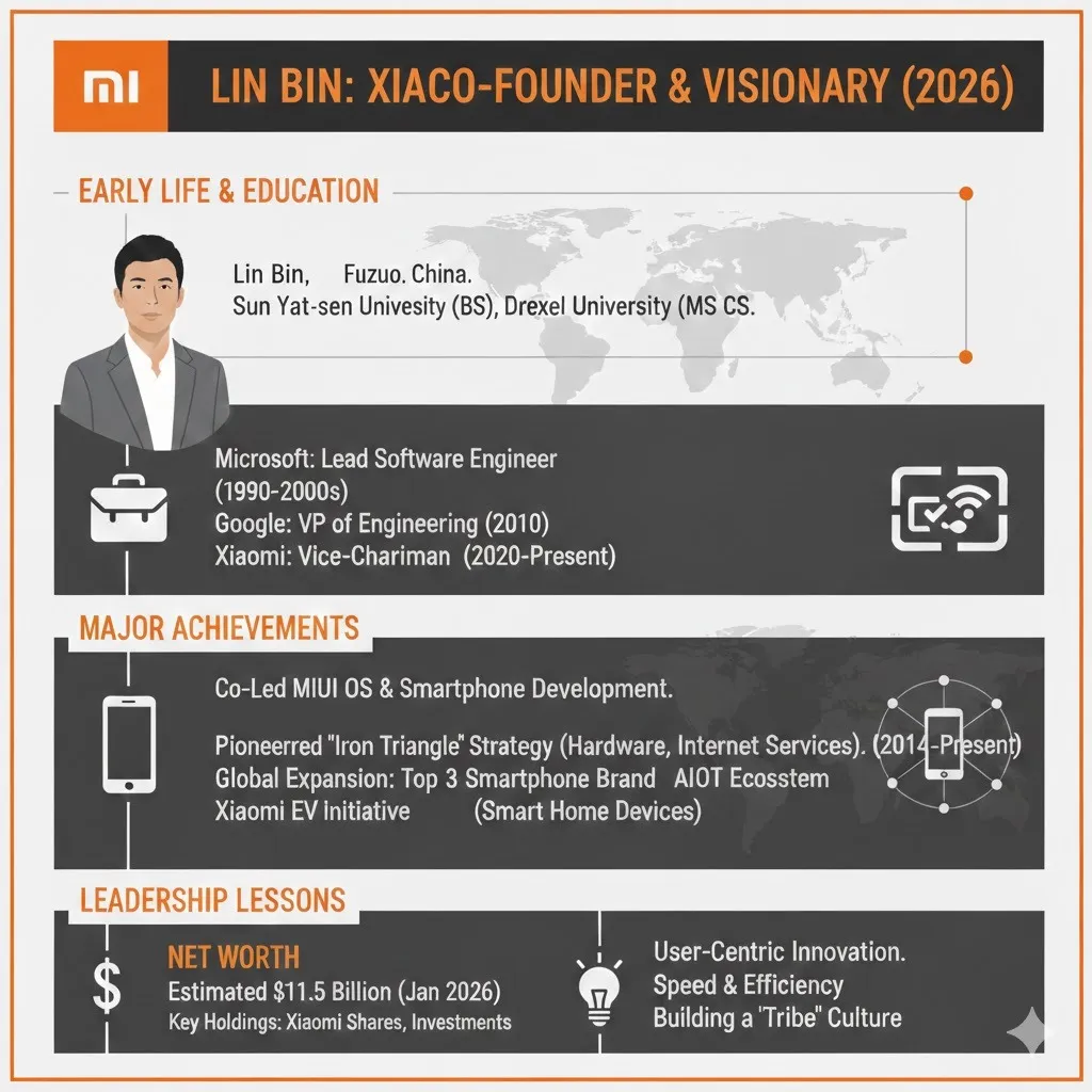Infographic of Lin Bin, Xiaomi co-founder and vice-chairman (2026), showing his biography, career timeline, major achievements, and leadership lessons in a modern orange-themed design.