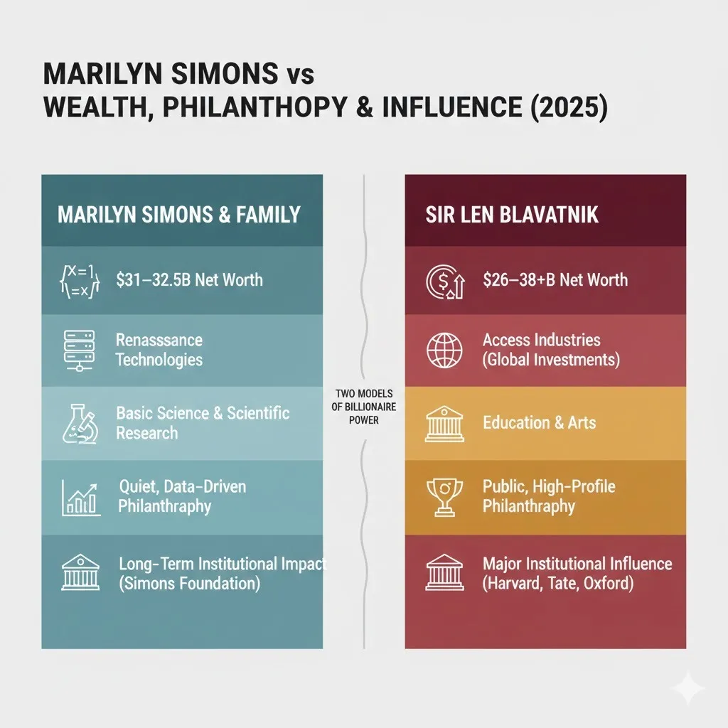 Infographic comparing Marilyn Simons and Sir Len Blavatnik in 2026, showing net worth, philanthropy focus, influence style, and legacy differences between science-driven and institution-focused billionaire giving.