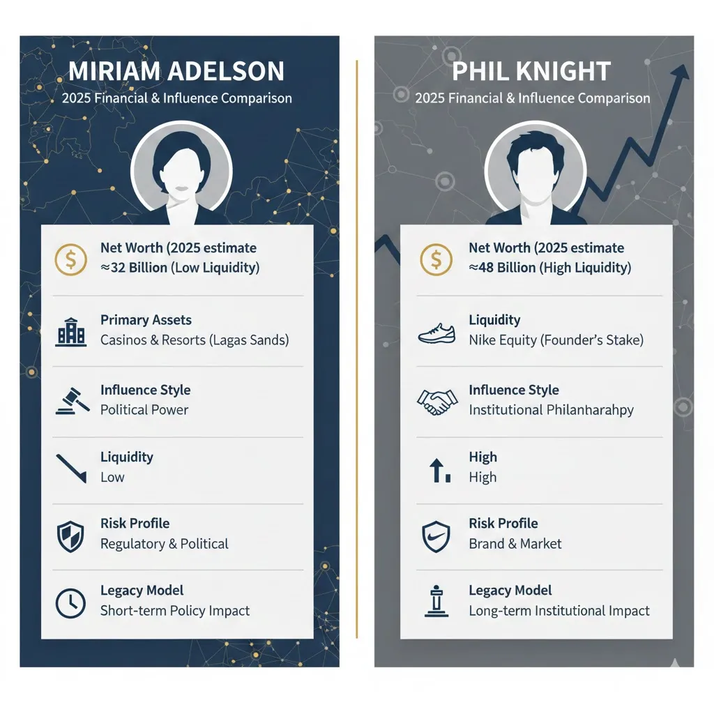 Side-by-side infographic comparing Miriam Adelson and Phil Knight in 2026, showing net worth, assets, influence style, liquidity, risk profile, and long-term legacy.