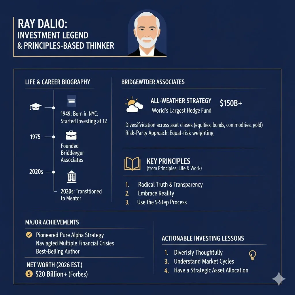 “Ray Dalio infographic showing his biography, All-Weather strategy, and key investing lessons for 2026.”