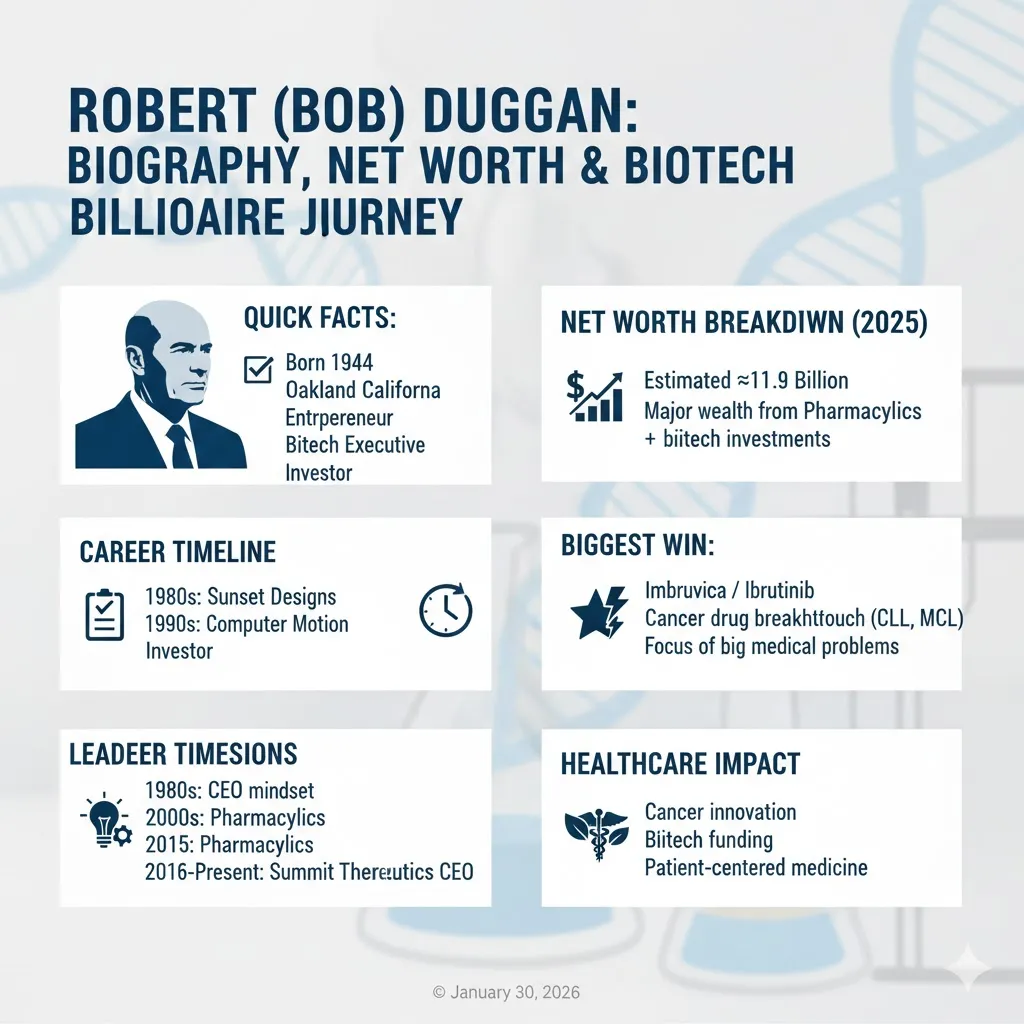 Infographic of Robert (Bob) Duggan, American biotech billionaire and investor, showing his biography, career highlights, net worth, and leadership lessons, including his $21 billion Pharmacyclics sale to AbbVie.