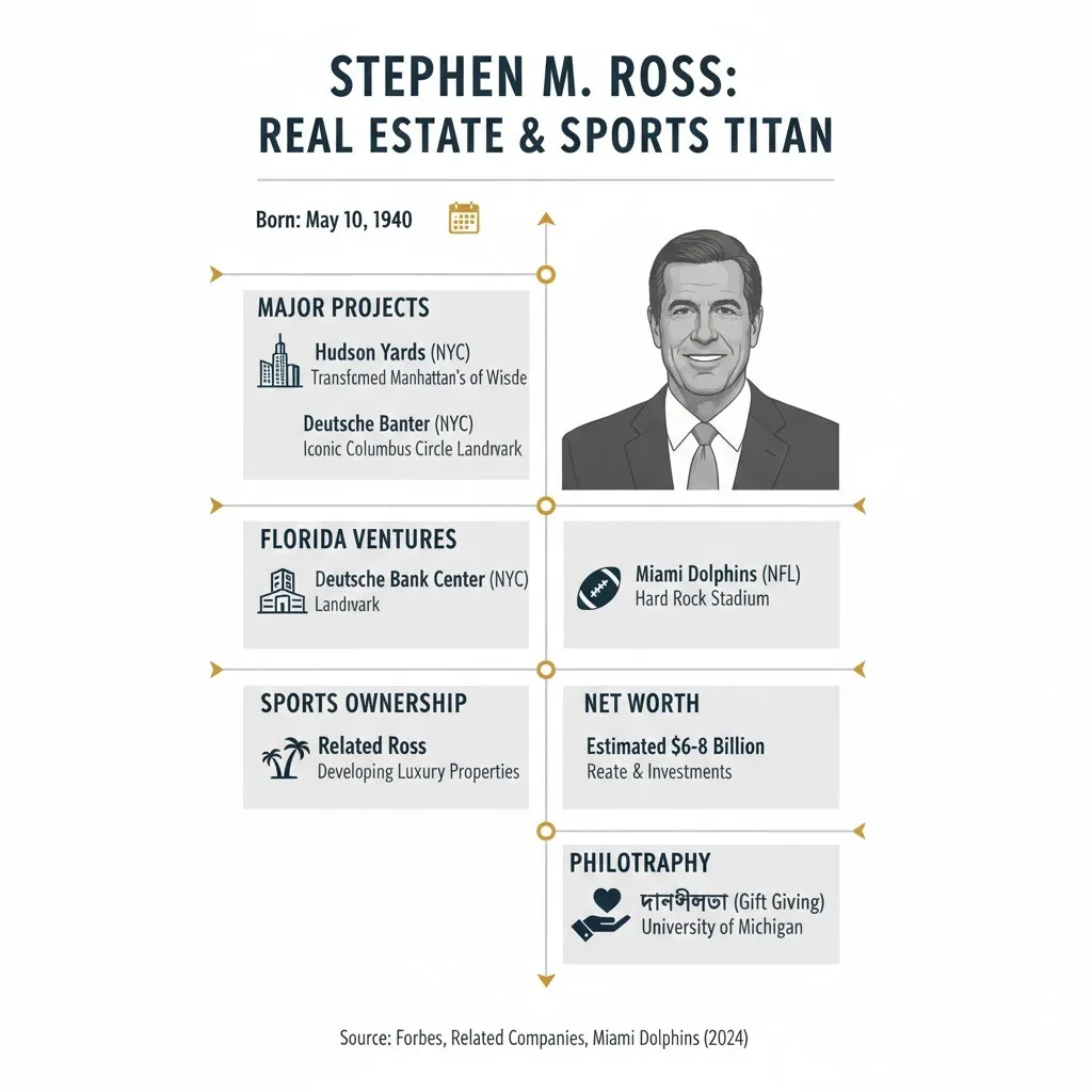 Infographic of Stephen M. Ross, founder of Related Companies and owner of the Miami Dolphins, highlighting his birth date, top real estate projects like Hudson Yards and Deutsche Bank Center, new venture Related Ross, and estimated multi-billion dollar net worth.