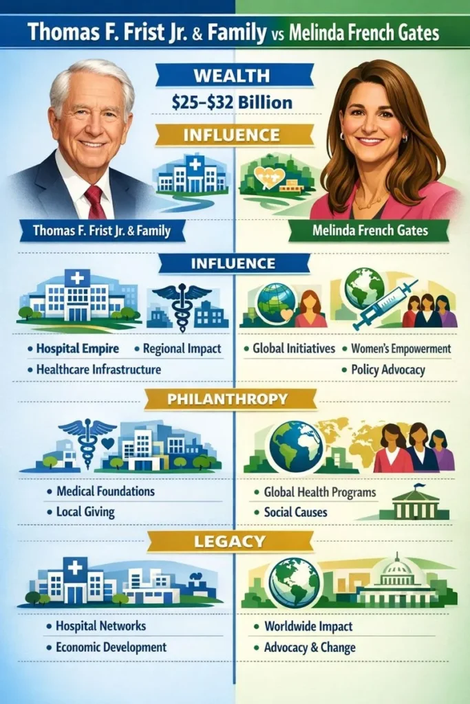 "Infographic comparing Thomas Frist Jr. & family and Melinda French Gates showing their wealth, influence, philanthropy models, and legacy in healthcare versus global philanthropy."