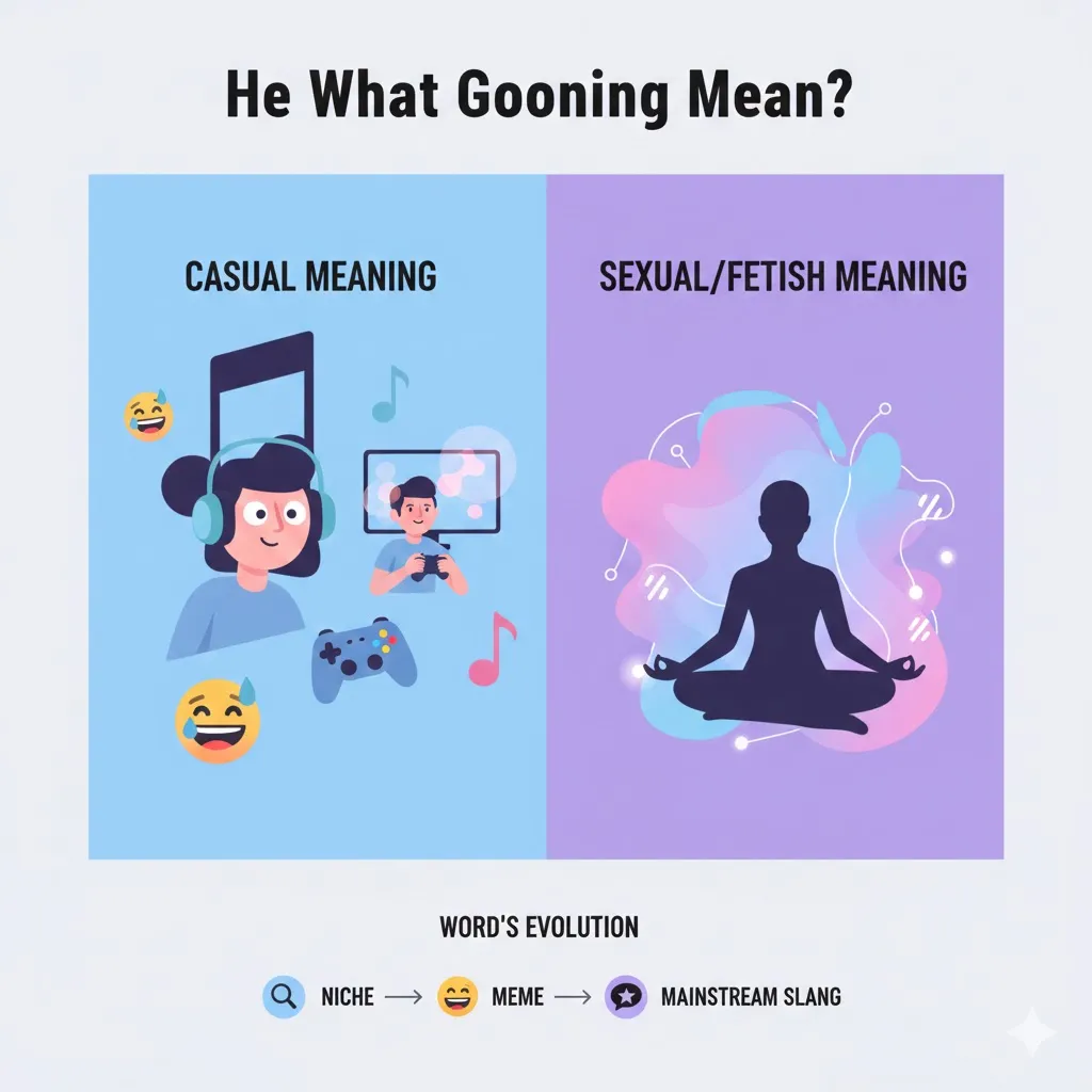 Infographic explaining what gooning means in text, including definition, social media usage, chat examples, and when to avoid using the slang.