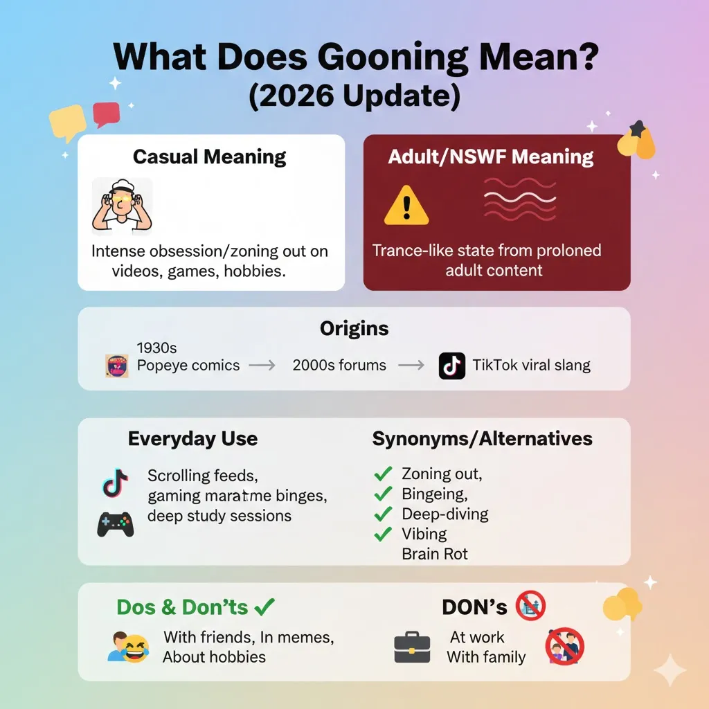 “Infographic explaining the slang ‘Gooning’: meaning, usage in texting and social media, examples, when to use and not use, and similar slang words like zoning and bingeing.”