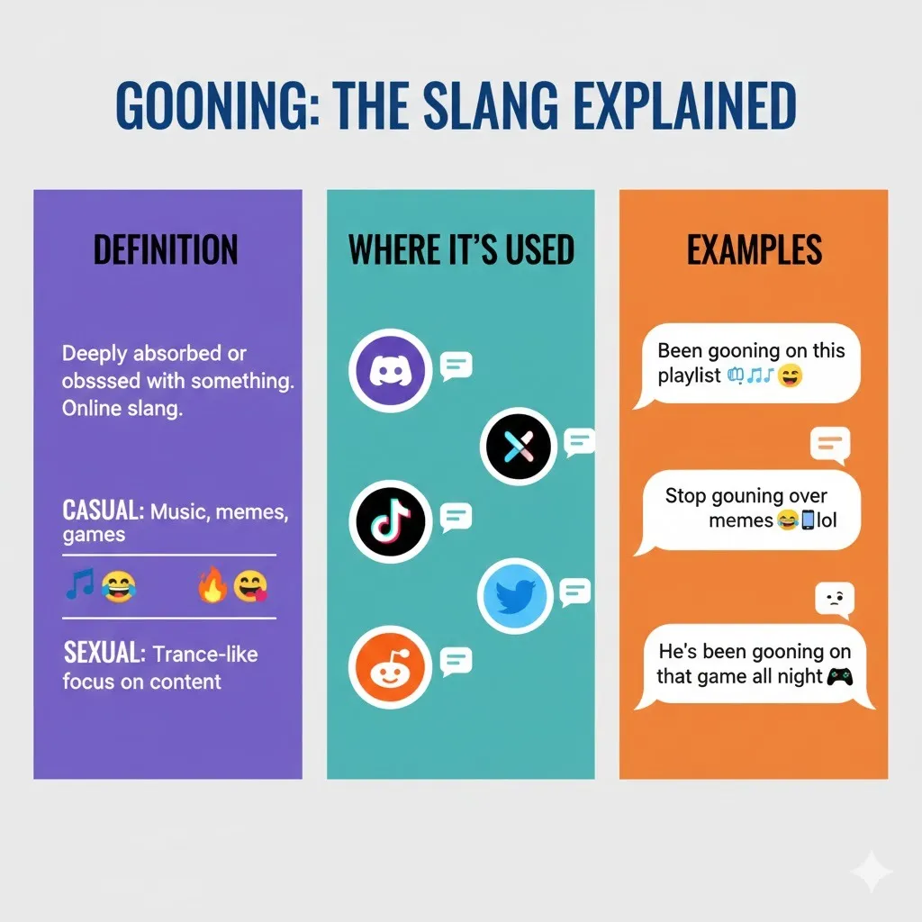 Infographic explaining the meaning of “Gooning”: deep absorption or obsession online, common platforms (Discord, TikTok, X, Reddit), and example chat messages.