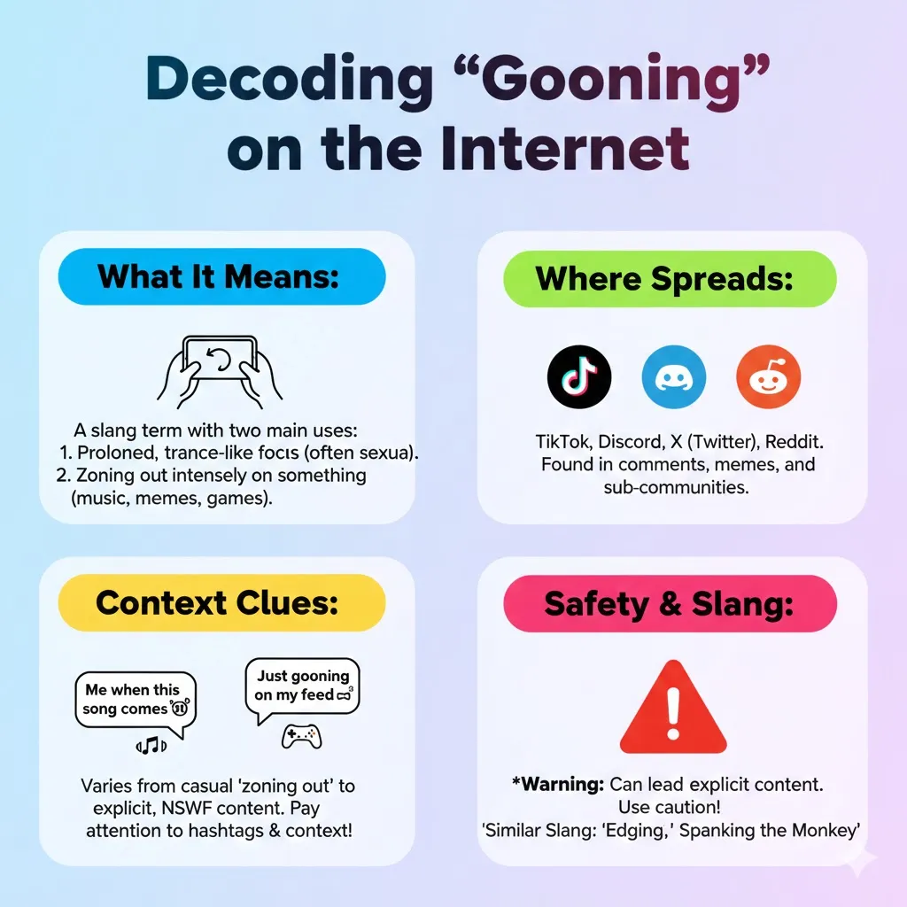 “Infographic showing a young person gooning over texting, gaming, and social media, illustrating the slang meaning of intense playful focus.”
