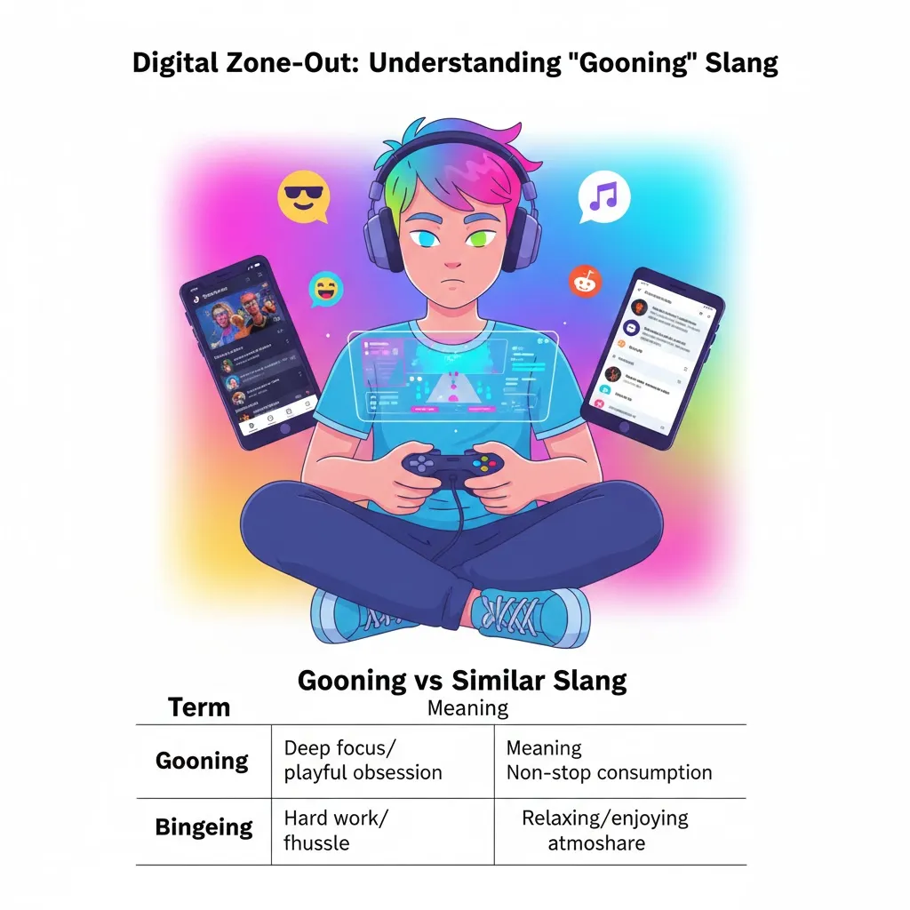 Infographic explaining what does gooning mean, showing primary online slang meaning, casual immersion meaning, usage examples, and where the term is commonly used on social media platforms.