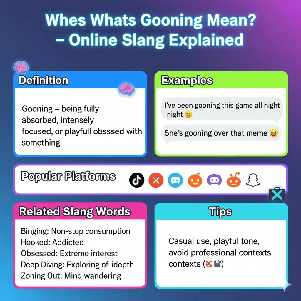 Infographic explaining what gooning means in online slang, including its primary definition, casual usage in text messages, social media platforms like TikTok and Discord, and examples of how the term is used.
