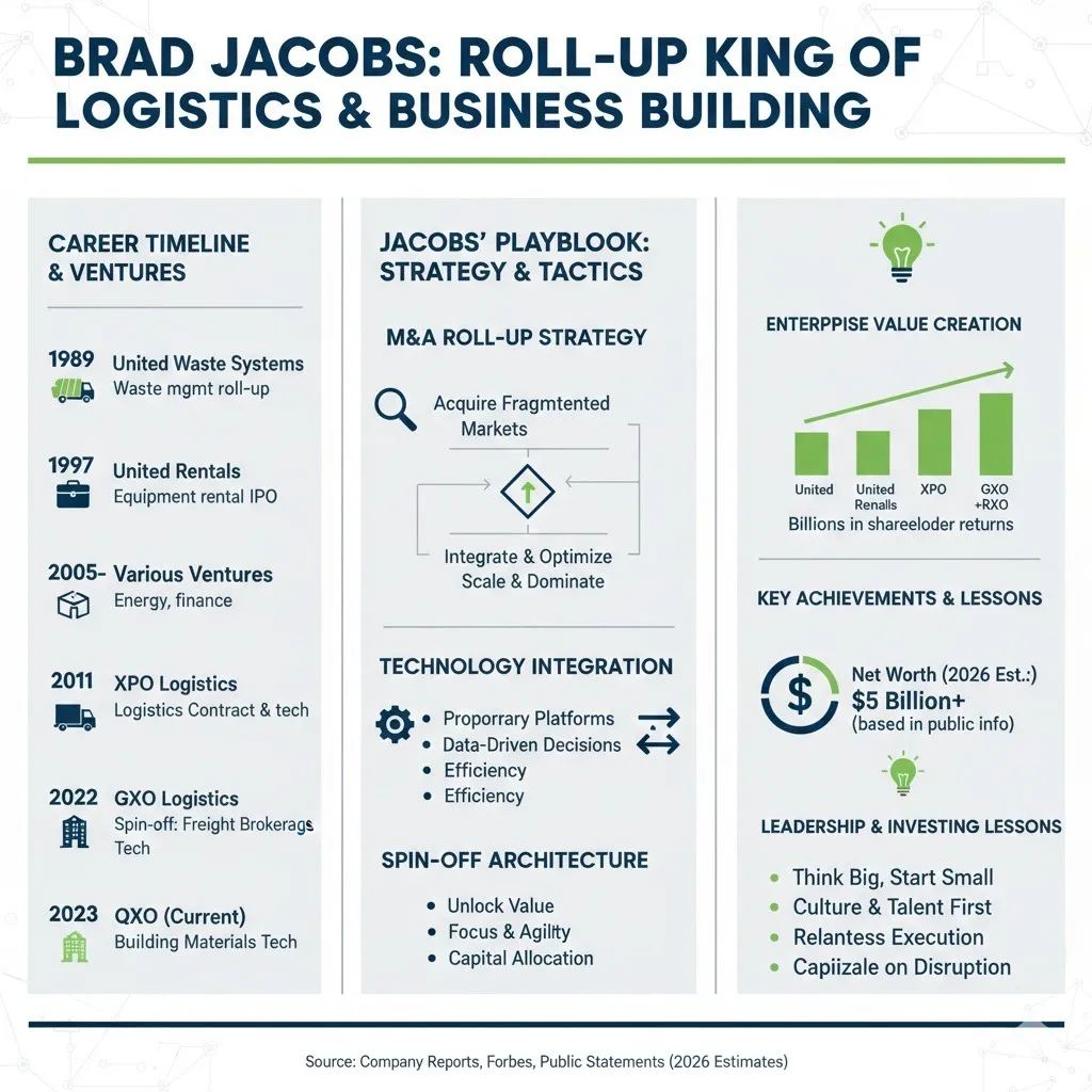 Brad Jacobs M&A playbook infographic showing XPO history, QXO strategy, $11B Beacon Roofing acquisition, and roll-up model timeline.