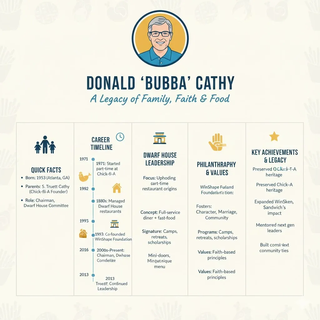 “Infographic showing Donald ‘Bubba’ Cathy’s biography with quick facts, career timeline, Dwarf House leadership, and philanthropy highlights. Clean, modern layout for fast reading and strong visual understanding.