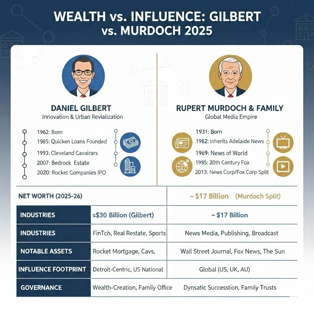 “Infographic comparing Daniel Gilbert and Rupert Murdoch & family in 2026 net worth, industries, assets, influence, and key milestones.”