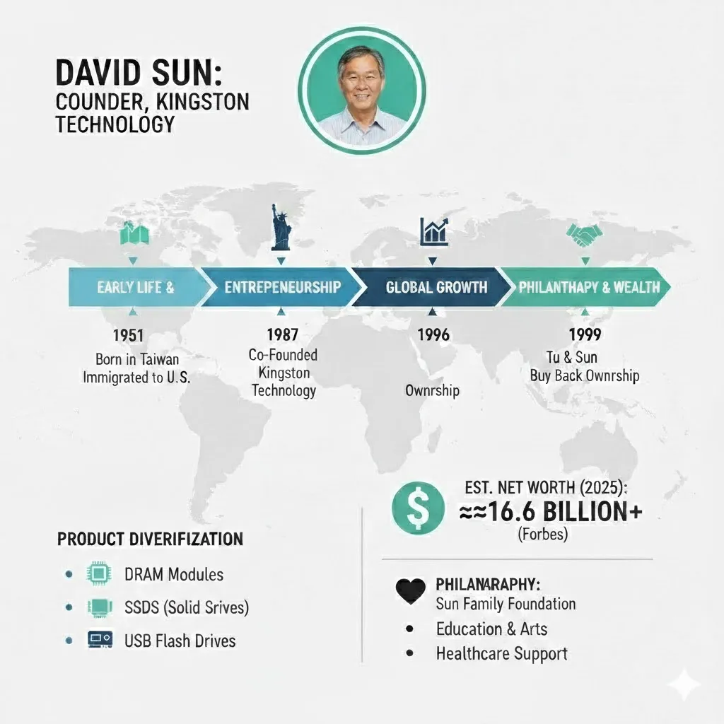 “Infographic summarizing David Sun with net worth, achievements, career timeline, and key facts in a clean, modern layout.”