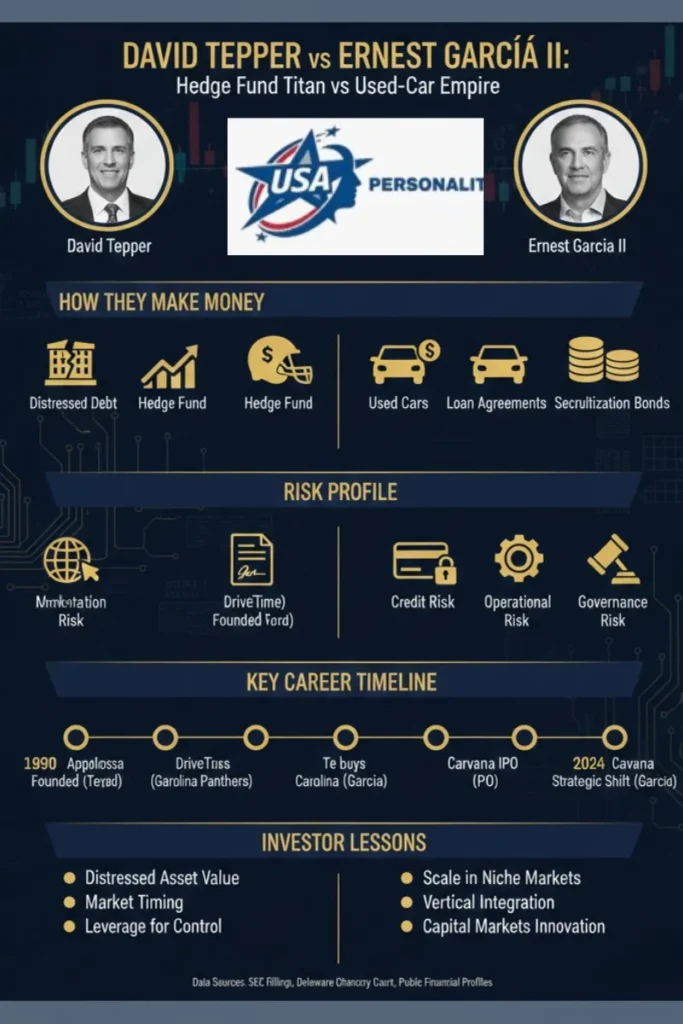 Infographic comparing David Tepper and Ernest García II, highlighting hedge fund investing vs used-car retail finance, risk profiles, governance issues, and investor lessons.