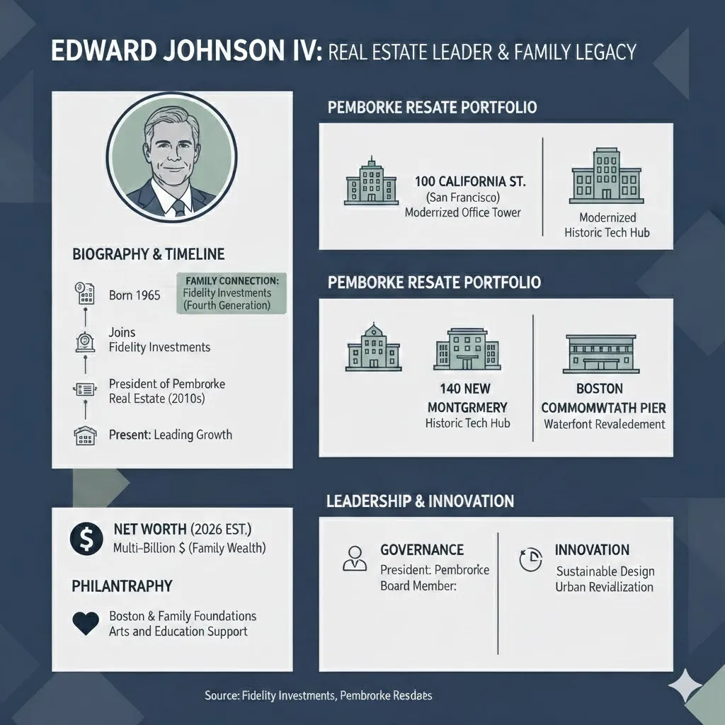 Infographic of Edward Johnson IV, showing his role as President of Pembroke Real Estate, family background with Fidelity Investments, major real estate projects, net worth, and career timeline.