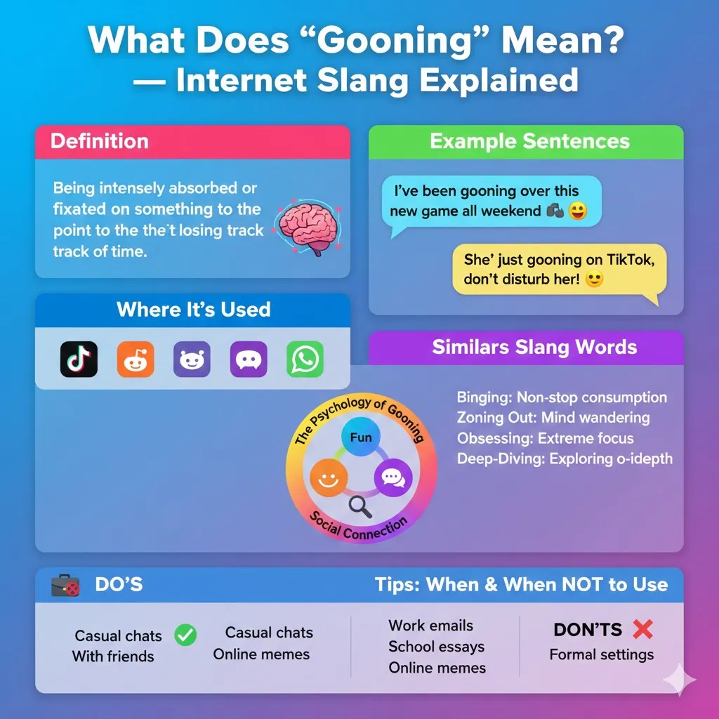 "Infographic explaining the internet slang ‘Gooning,’ showing its meaning, popular platforms like TikTok, Reddit, Discord, synonyms like binging and obsessing, example sentences with emojis, and tips for using the slang appropriately in casual versus formal contexts."
