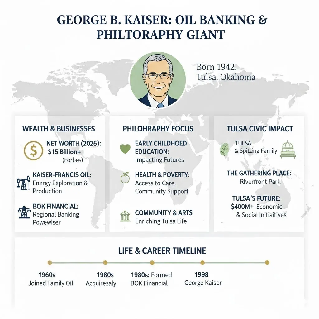 “Infographic of George B. Kaiser showing his net worth, key businesses, philanthropic focus areas, and Tulsa projects such as the Gathering Place, displayed in a clean vector graphic style.”