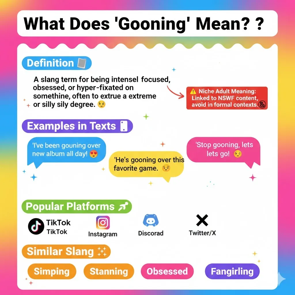 "Infographic explaining the slang term 'Gooning,' its meaning as zoning out or being obsessed, examples in chats, popular platforms like TikTok and Discord, similar slang words, and playful emojis."