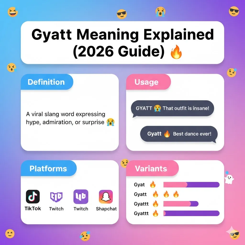 Infographic showing the meaning and usage of the internet slang word “Gyatt,” including examples, platform usage, spelling variations, and emoji reactions for TikTok, Twitch, and Instagram.