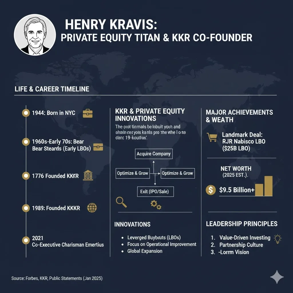 “Infographic summarizing Henry Kravis’s biography, KKR founding, major private-equity deals, LBO innovations, net worth, and leadership principles.”