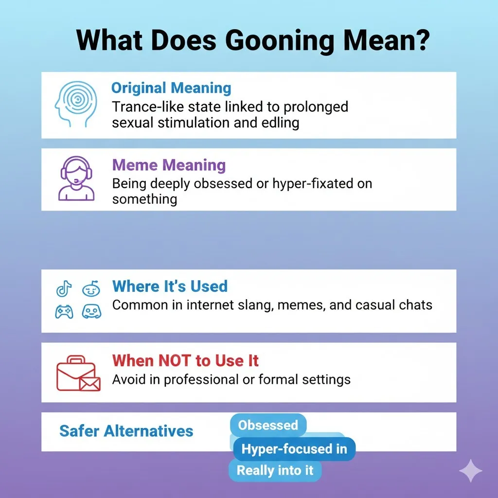 Infographic explaining what gooning means, showing the original sexual definition, meme meaning, where the slang is used online, and safer alternative words.